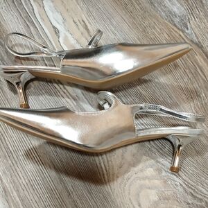 Silver Kitten Heels with Pointed Toes